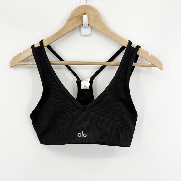 Alo Yoga Airlift Ribbed Jump Start Sports Bra XSmall Medium Black Stretch Gym - Picture 1 of 6